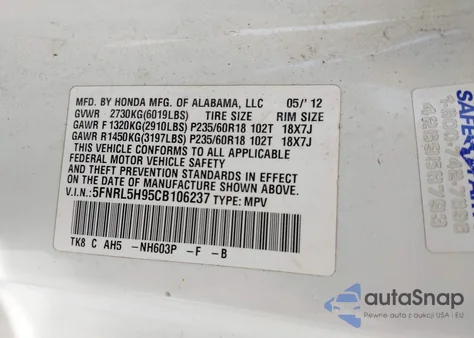 2012 Honda Odyssey Touring/Touring Elite z USA, uszkodzony, nr VIN 5FNRL5H95CB106237